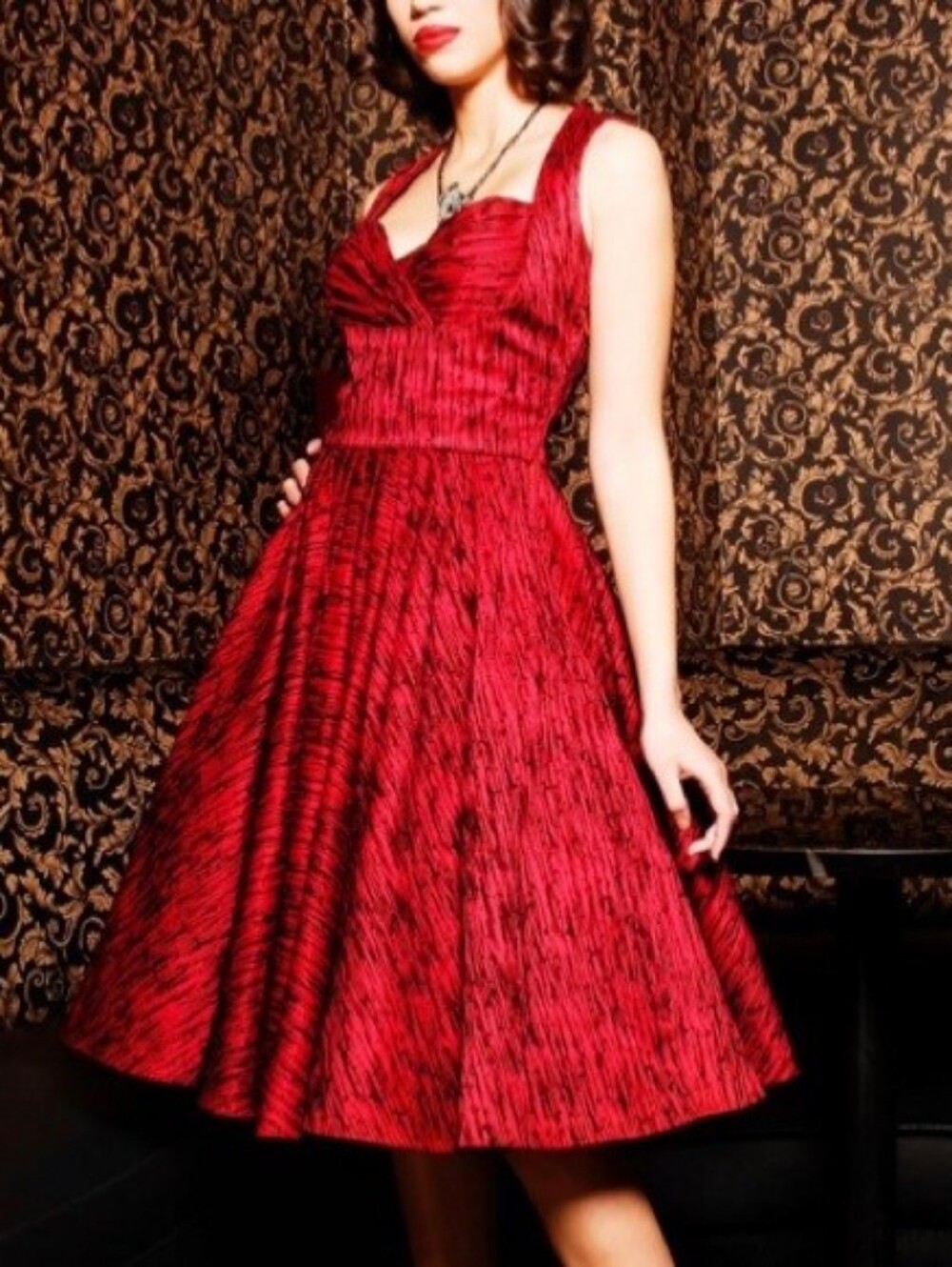 Pinup Girl Clothing Laura Byrnes Grace Swing Dress - Red And Black Flocked | NWT